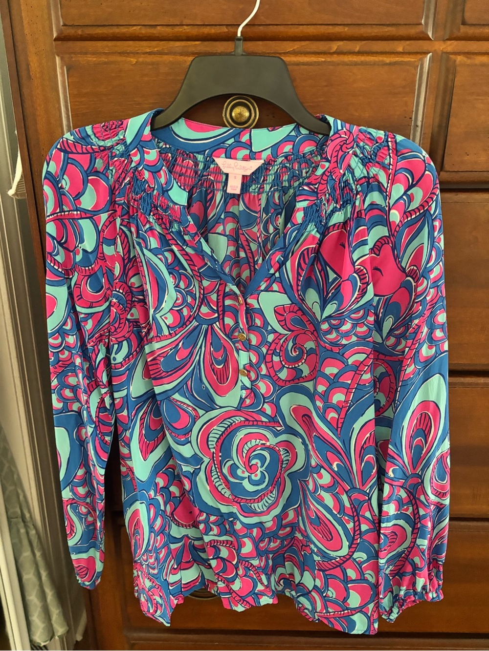 Lilly Pulitzer Pink, Blue & Teal Swirl-Print Long-Sleeve Blouse